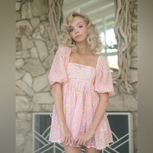 Selkie rainbow sequin puff dress XS!